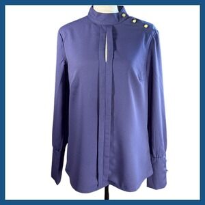 Stile Benetton Women's Navy Blue Long‎ Sleeve Button Mock Neck Blouse Top